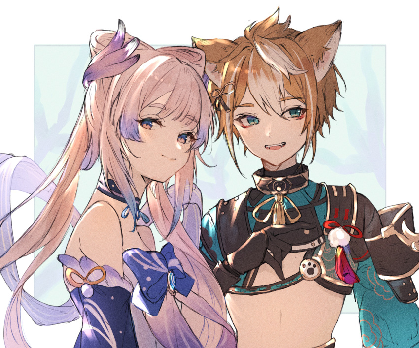 1boy 1girl absurdres animal_ears armor asymmetrical_sleeves bangs bare_shoulders black_gloves blue_eyes blue_hair blunt_bangs bow brown_hair choker collar eyeshadow fangs fins fox_boy fox_ears frills genshin_impact gloves gorou_(genshin_impact) gradient_hair hair_ornament hair_tassel highres huge_filesize japanese_armor long_hair looking_to_the_side makeup multicolored_hair open_mouth paw_print pink_eyes pink_hair pointing red_eyeshadow ribbon sangonomiya_kokomi short_hair shoulder_armor tassel tuki_zawa two-tone_hair upper_body white_hair