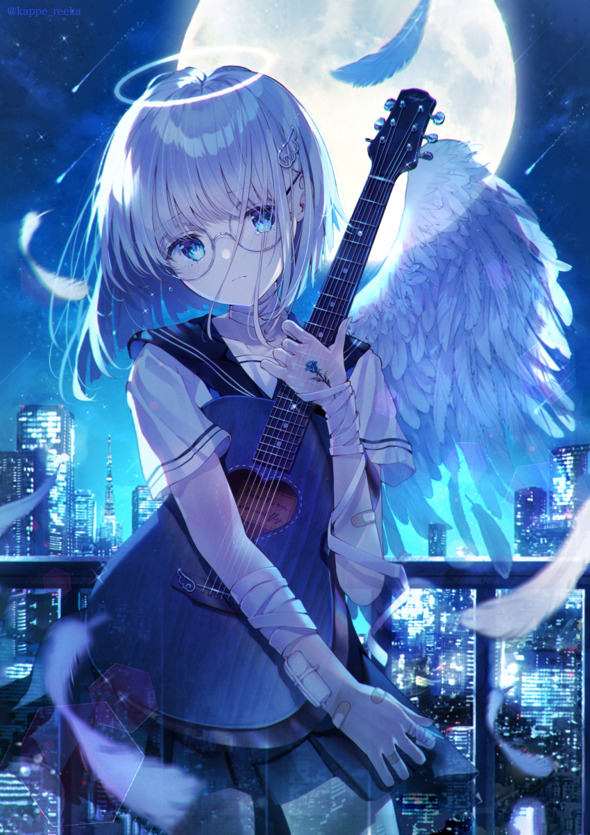 1girl angel_wings bandaged_arm bandages bandaid bandaid_on_hand bangs black_sailor_collar black_skirt blue_eyes building cityscape closed_mouth commentary_request eyebrows_visible_through_hair falling_star feathered_wings feathers full_moon glasses grey-framed_eyewear guitar halo head_tilt highres instrument kappe_reeka moon night night_sky object_hug original outdoors pleated_skirt railing round_eyewear sailor_collar shirt short_sleeves skirt sky skyscraper solo star_(sky) starry_sky twitter_username white_shirt white_wings wing_hair_ornament wings