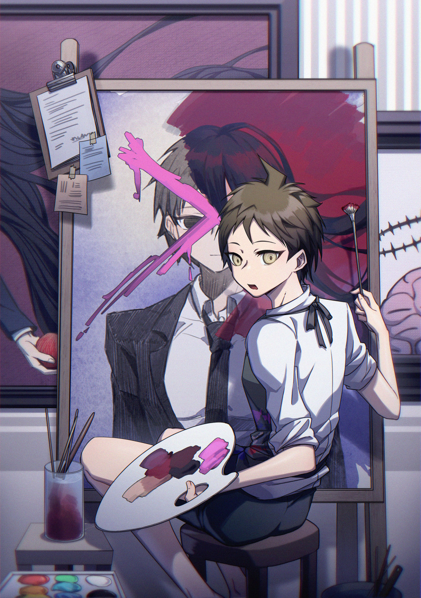 1boy bangs black_hair black_jacket black_neckwear black_shorts brown_eyes brown_hair collared_shirt danganronpa:_trigger_happy_havoc danganronpa_(series) danganronpa_3_(anime) feet_out_of_frame formal from_behind highres hinata_hajime holding jacket kamukura_izuru looking_at_viewer looking_back necktie open_mouth paintbrush painting painting_(object) paper portrait_(object) shirt short_hair shorts sitting solo white_shirt ziling