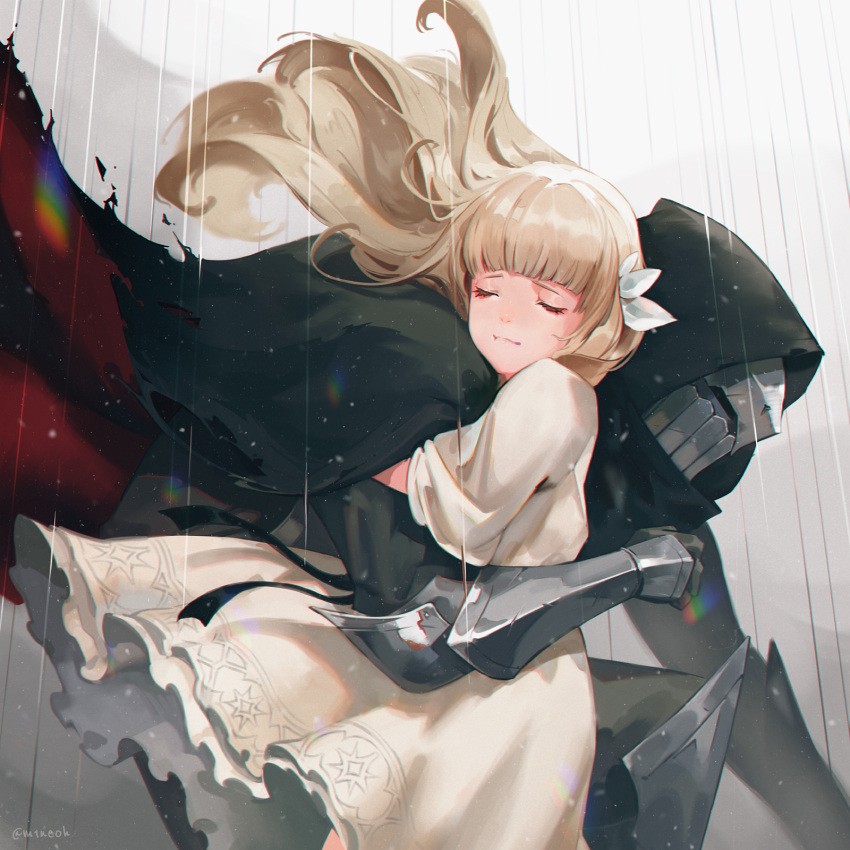 1girl 1other armor black_cape black_ribbon blonde_hair cape closed_eyes dress ender_lilies_quietus_of_the_knights flower full_armor gauntlets greaves hair_flower hair_ornament highres hood hooded_cape hug jiro_(ninetysix) lily_(ender_lilies) long_hair metal rain ribbon torn_cape torn_clothes umbral_knight_(ender_lilies) white_dress