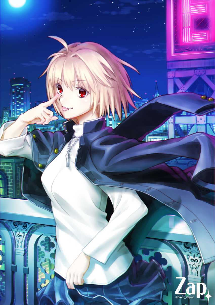 1girl :p absurdres akanbe antenna_hair arcueid_brunestud artist_name bangs black_jacket black_skirt blonde_hair breasts building city city_lights clouds commentary_request eyebrows_visible_through_hair finger_to_eye hair_between_eyes highres index_finger_raised jacket jacket_on_shoulders jewelry long_sleeves looking_at_viewer medium_breasts miniskirt moon necklace night night_sky red_eyes short_hair skirt sky smile solo star_(sky) sweater tongue tongue_out tsukihime tsukihime_(remake) turtleneck turtleneck_sweater twitter_username upper_body vampire white_sweater zap