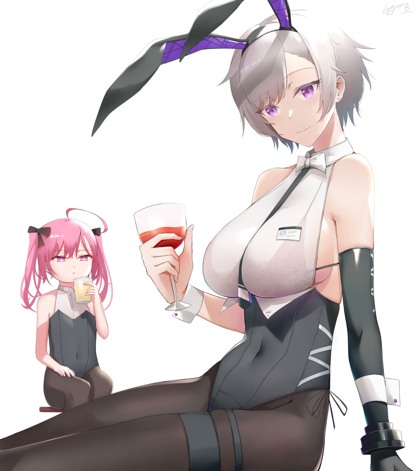 2girls absurdres ahoge animal_ears azur_lane backless_leotard bare_shoulders black_bra black_legwear black_leotard black_neckwear bra breast_envy breasts covered_navel elbow_gloves fake_animal_ears flat_chest gloves highres hun_shang large_breasts leotard leotard_under_clothes long_hair looking_at_viewer multiple_girls neckwear_between_breasts official_alternate_costume pantyhose pink_hair playboy_bunny rabbit_ears reno_(azur_lane) reno_(reno_bunnino)_(azur_lane) saratoga_(azur_lane) see-through_shirt shirt short_hair side-tie_leotard simple_background single_elbow_glove sitting sleeveless sleeveless_shirt thigh_strap twintails underwear violet_eyes white_background white_shirt wrist_cuffs