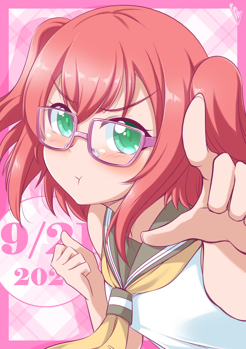 1girl absurdres bangs birthday blush bunji commentary dated eyebrows_visible_through_hair glasses green_eyes highres kurosawa_ruby looking_at_viewer love_live! love_live!_sunshine!! pink-framed_eyewear pointing pointing_at_viewer pout redhead school_uniform shiny shiny_hair short_hair sidelocks signature solo two_side_up upper_body uranohoshi_school_uniform