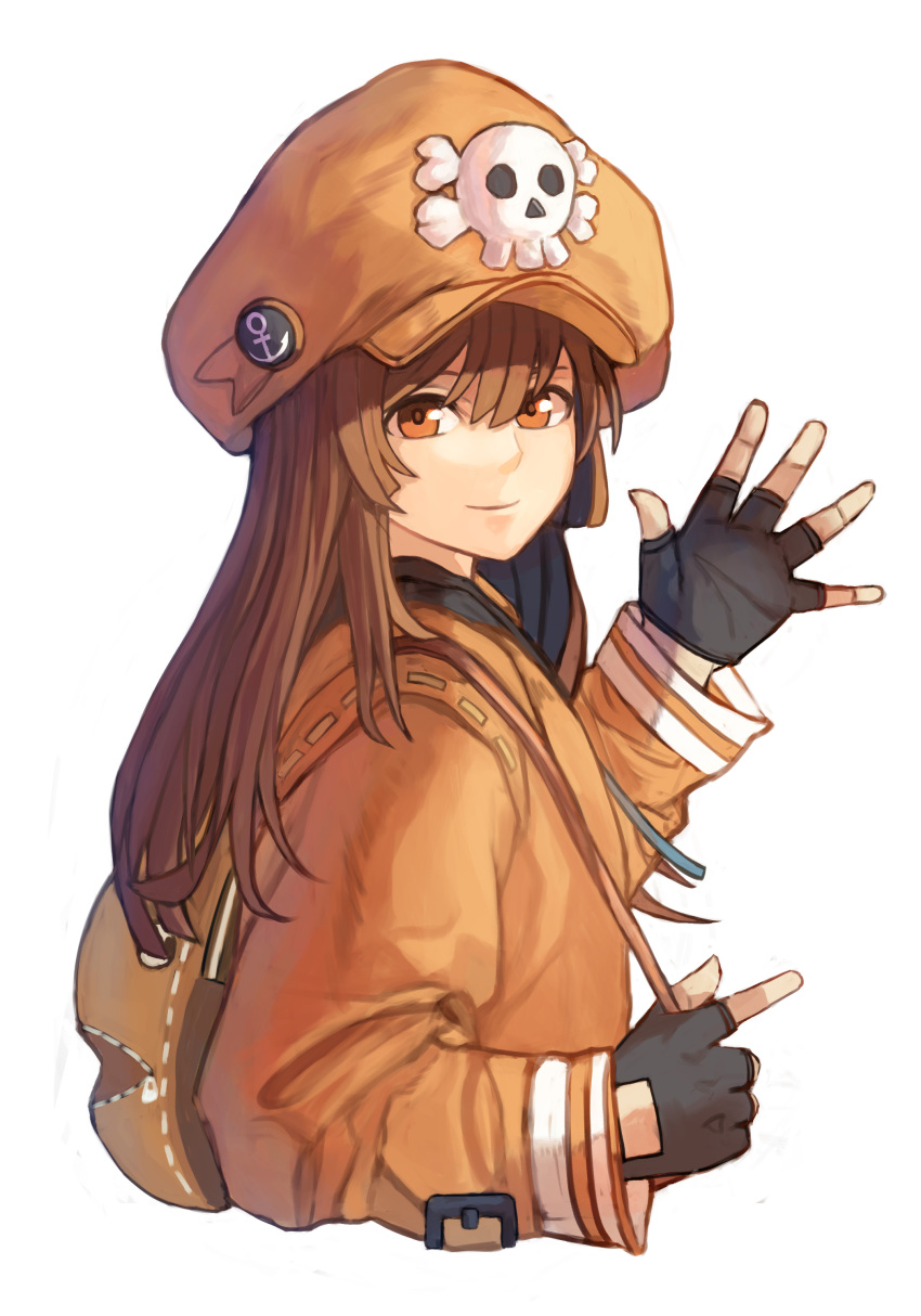 12_(artist) 1girl absurdres brown_eyes brown_hair fingerless_gloves gloves guilty_gear guilty_gear_strive hat highres hood hoodie may_(guilty_gear) skull_and_crossbones