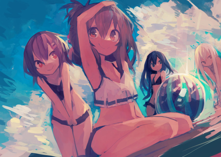 4girls absurdres akatsuki_(kancolle) ball bare_arms bare_legs bare_shoulders beachball bikini black_bikini brown_eyes brown_hair closed_mouth day eyebrows_visible_through_hair folded_ponytail grey_eyes hair_between_eyes hair_ornament hairclip hibiki_(kancolle) highres ikazuchi_(kancolle) inazuma_(kancolle) kaamin_(mariarose753) kantai_collection long_hair multiple_girls navel purple_hair short_hair silver_hair smile swimsuit violet_eyes white_bikini