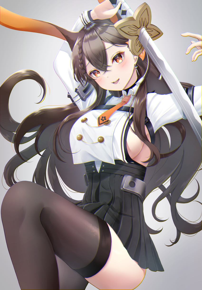 1girl :d absurdres animal_ears arm_up azur_lane bangs black_hair black_legwear black_skirt braid breasts chikuma_(azur_lane) commentary_request eyebrows_visible_through_hair grey_background hair_between_eyes head_tilt highres holding holding_sword holding_weapon jewelry katana konparu_uran long_hair looking_at_viewer necklace open_mouth orange_eyes pleated_skirt rabbit_ears sideboob sidelocks simple_background single_braid skirt smile solo sword thigh-highs weapon zettai_ryouiki