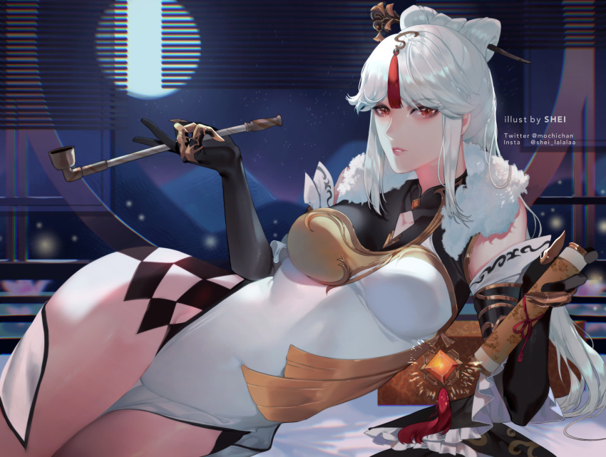 1girl bangs black_gloves breasts detached_sleeves dress english_commentary eyebrows_visible_through_hair full_moon genshin_impact gloves halter_top halterneck highres instagram_username large_breasts lips long_hair looking_at_viewer lying moon night night_sky ningguang_(genshin_impact) on_side pipe red_eyes round_window shei99 sky smoking solo tied_hair twitter_username vision_(genshin_impact) white_dress white_hair