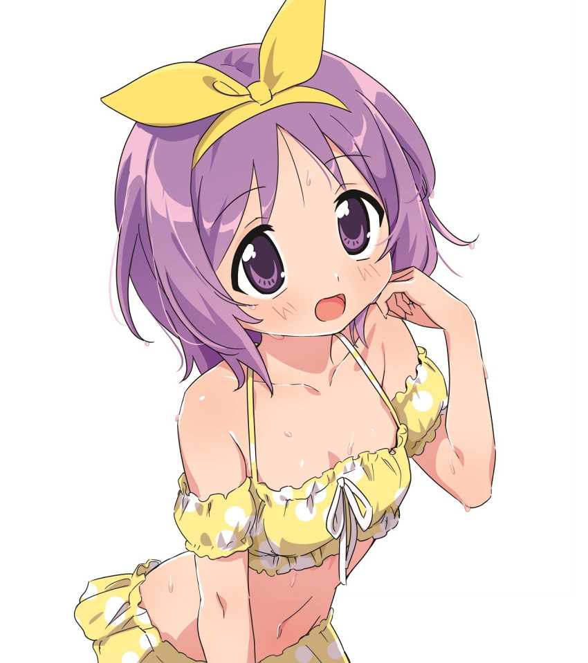 1girl :d bangs bare_shoulders bikini bikini_skirt blush bow bow_hairband breasts collarbone commentary_request detached_sleeves dripping eyebrows_visible_through_hair hairband hand_up happy highres hiiragi_tsukasa hotaru_iori ichimi_renge linea_alba looking_at_viewer lucky_star medium_hair navel open_mouth polka_dot polka_dot_bikini purple_hair second-party_source short_sleeves simple_background smile solo split_mouth swimsuit violet_eyes water_drop wet wet_hair white_background yellow_bikini yellow_bow yellow_hairband yellow_sleeves