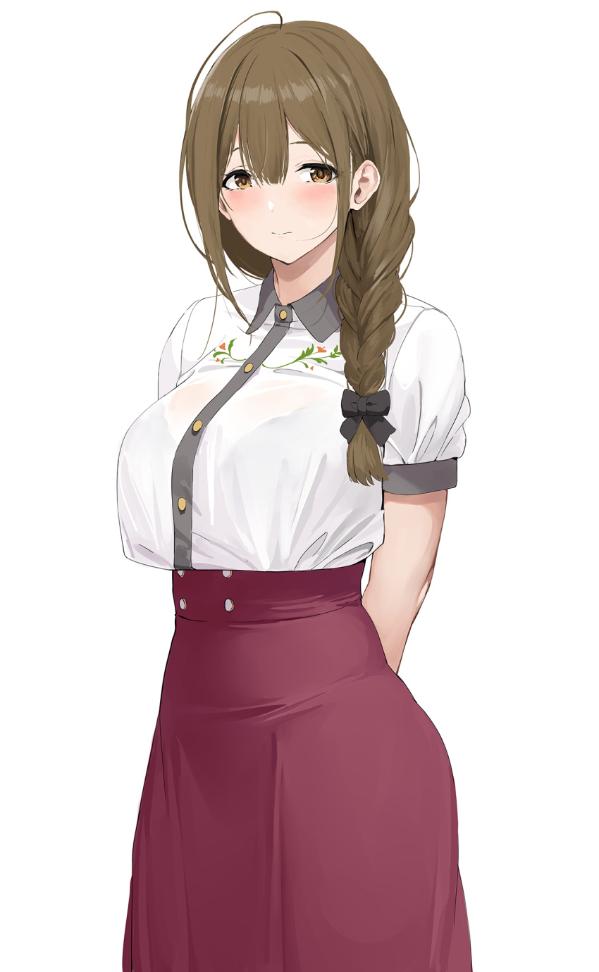 1girl braid braided_ponytail breasts brown_eyes brown_hair collared_shirt dress_shirt highres idolmaster idolmaster_shiny_colors knatb kuwayama_chiyuki large_breasts shirt skirt solo white_background