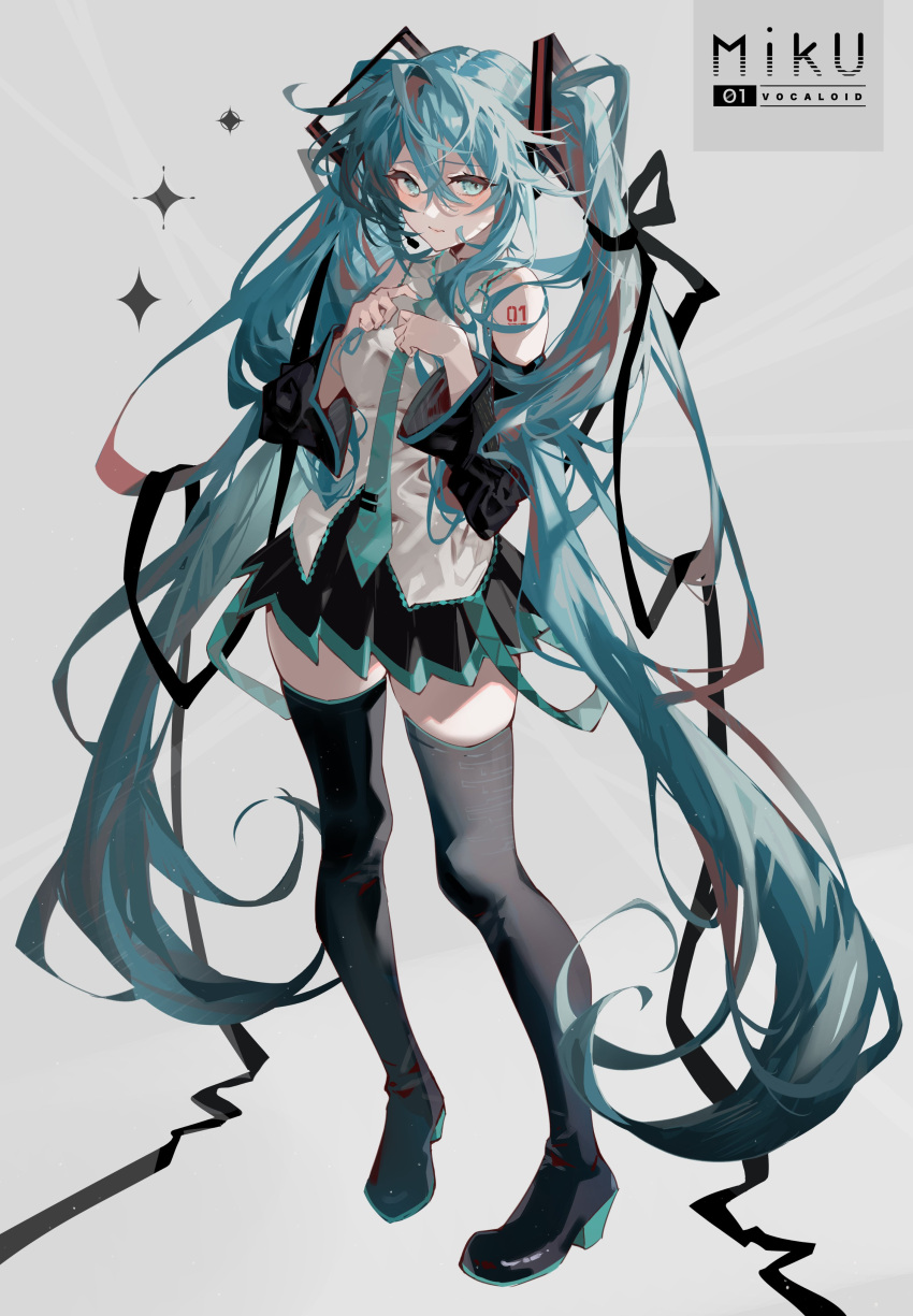 1girl absurdres aqua_eyes aqua_hair arutera banned_artist bare_shoulders black_legwear black_skirt blue_eyes blue_hair blush breasts closed_mouth commentary_request detached_sleeves full_body grey_background hair_ornament hatsune_miku high_heels highres long_hair looking_at_viewer necktie pleated_skirt shirt shoulder_tattoo simple_background skirt smile solo standing tattoo thigh-highs twintails very_long_hair vocaloid wide_sleeves