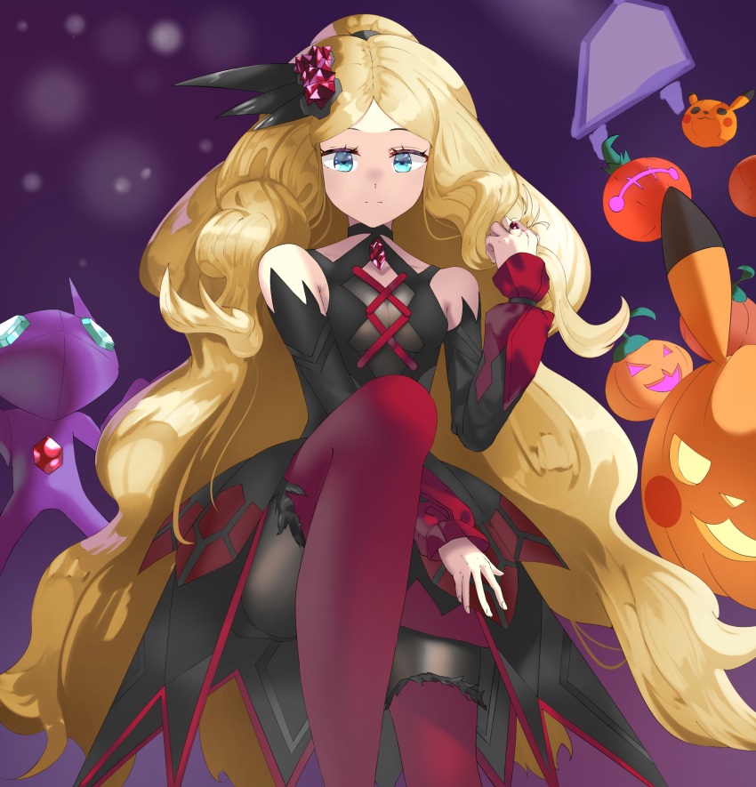 1girl bare_shoulders black_choker black_dress black_shorts blonde_hair blue_eyes boots caitlin_(pokemon) choker closed_mouth commentary_request detached_sleeves dress eyelashes from_below hair_ornament hair_tie hand_up highres jack-o'-lantern jewelry long_hair long_sleeves looking_at_viewer official_alternate_costume pikachu pokemon pokemon_(creature) pokemon_(game) pokemon_masters_ex red_footwear ring sableye shiny shiny_clothes shirogane_(shirogane_eishi)) shorts shorts_under_dress split_mouth themed_object thigh-highs thigh_boots tied_hair