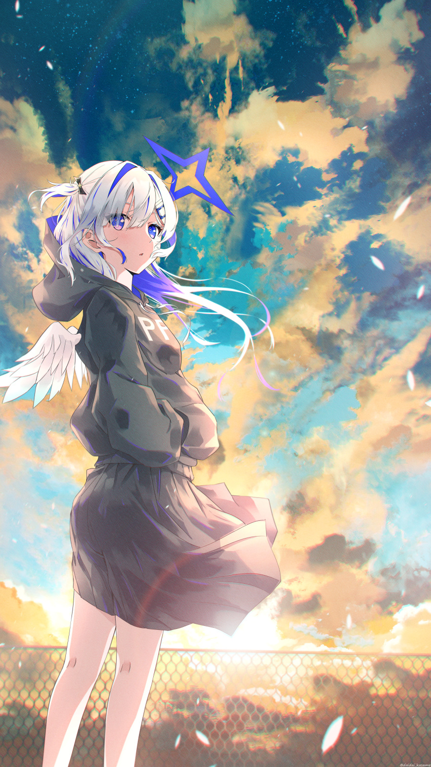 1girl absurdres amane_kanata angel_wings bangs black_hoodie black_skirt blue_eyes blue_hair chain-link_fence clothes_writing clouds cloudy_sky commentary_request daidai_(daidai826) drawstring evening eyebrows_visible_through_hair eyes_visible_through_hair feet_out_of_frame fence floating_hair hair_between_eyes hair_ornament hairclip halo hand_in_pocket highres hololive hood hoodie long_hair long_sleeves looking_at_viewer looking_back multicolored_hair one_side_up parted_lips purple_hair silver_hair skirt sky solo standing star_halo virtual_youtuber white_wings wings