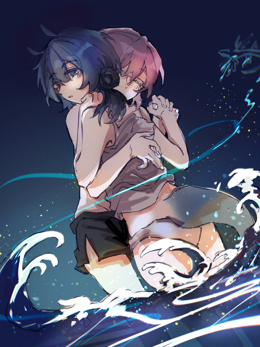 2girls alternate_costume animal_ears arknights bare_shoulders blue_eyes blue_hair blue_poison_(arknights) blush camisole closed_eyes e-fa-dorn eyebrows_visible_through_hair glaucus_(arknights) highres holding_hands hug multicolored_hair multiple_girls ocean parted_lips partially_submerged pink_hair shorts streaked_hair tail wading waves yuri