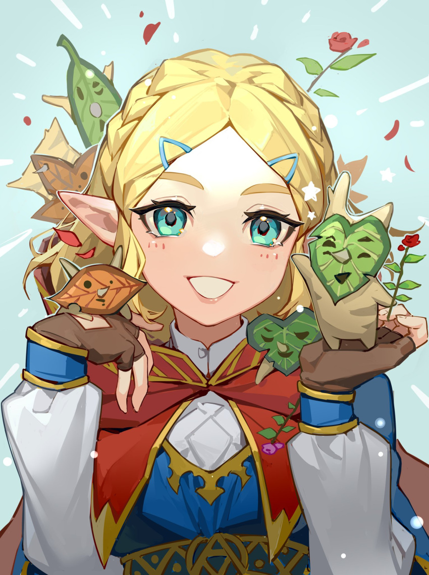 1girl blonde_hair blue_eyes braid brown_gloves cape crow0cc fingerless_gloves flower gloves hair_ornament hairclip hestu highres leaf looking_at_viewer pink_flower pink_rose pointy_ears princess_zelda puffy_sleeves red_cape red_flower red_rose rose smile solo the_legend_of_zelda the_legend_of_zelda:_breath_of_the_wild upper_body