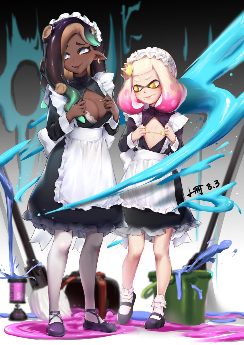 +_+ 2girls absurdres alternate_costume apron asymmetrical_hair back_bow black_dress black_hair blonde_hair blue_eyes bow bra bra_peek breast_envy breasts broom bucket buttons center_opening closed_mouth dark-skinned_female dark_skin domino_mask dress earrings enmaided fingernails flashing flat_chest frilled_apron frills full_body green_hair green_nails hand_on_own_chest hands_up heart heart-shaped_pupils height_difference highres jewelry long_fingernails long_hair looking_at_another looking_at_viewer maid maid_apron maid_headdress marina_(splatoon) mary_janes mask medium_breasts medium_dress medium_hair mole mole_under_mouth multicolored_hair multiple_girls nail_polish octarian paint_splatter pantyhose partially_unbuttoned pearl_(splatoon) pink_hair pink_pupils pointy_ears seductive_smile shoes smile splatoon_(series) splatoon_2 standing suction_cups symbol-shaped_pupils tentacle_hair underwear waist_apron white_legwear xiaoyu yellow_eyes