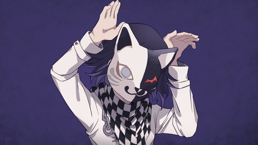 1boy a_tama_(pakpak_tkg) animal_ears arms_up bangs black_hair cat_ears cat_mask checkered checkered_neckwear checkered_scarf danganronpa_(series) danganronpa_v3:_killing_harmony facing_viewer fake_animal_ears gradient gradient_background highres jacket long_sleeves male_focus mask ouma_kokichi pink_hair scarf solo upper_body white_jacket