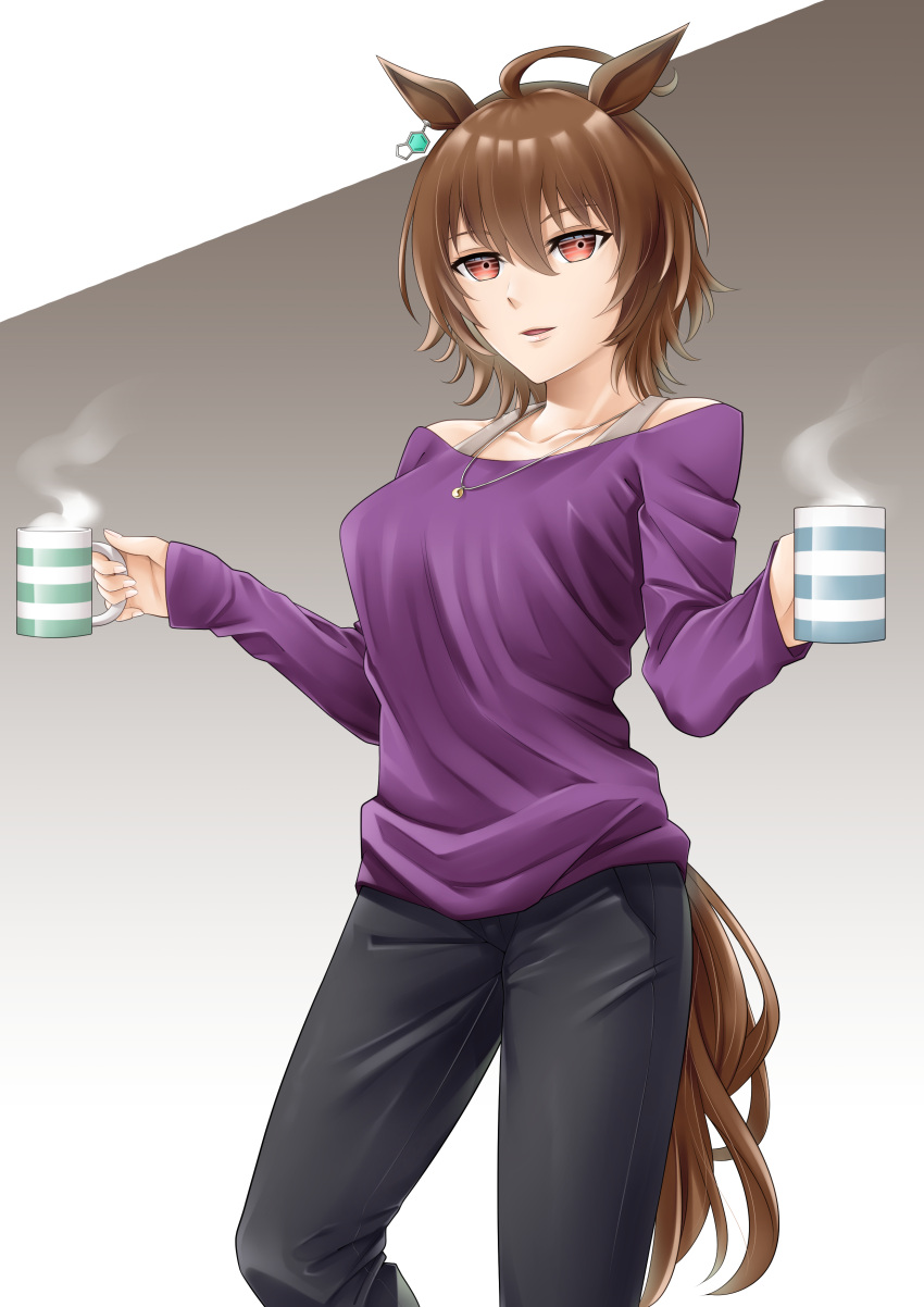 1girl absurdres agnes_tachyon_(umamusume) ahoge animal_ears black_pants bra_strap breasts brown_hair commentary_request cup earrings gradient gradient_background grey_background highres holding holding_cup horse_ears horse_girl horse_tail jewelry long_sleeves looking_at_viewer medium_breasts mug necklace off-shoulder_shirt off_shoulder pants purple_shirt red_eyes shirt short_hair single_earring tail umamusume yuhata_yatsuka