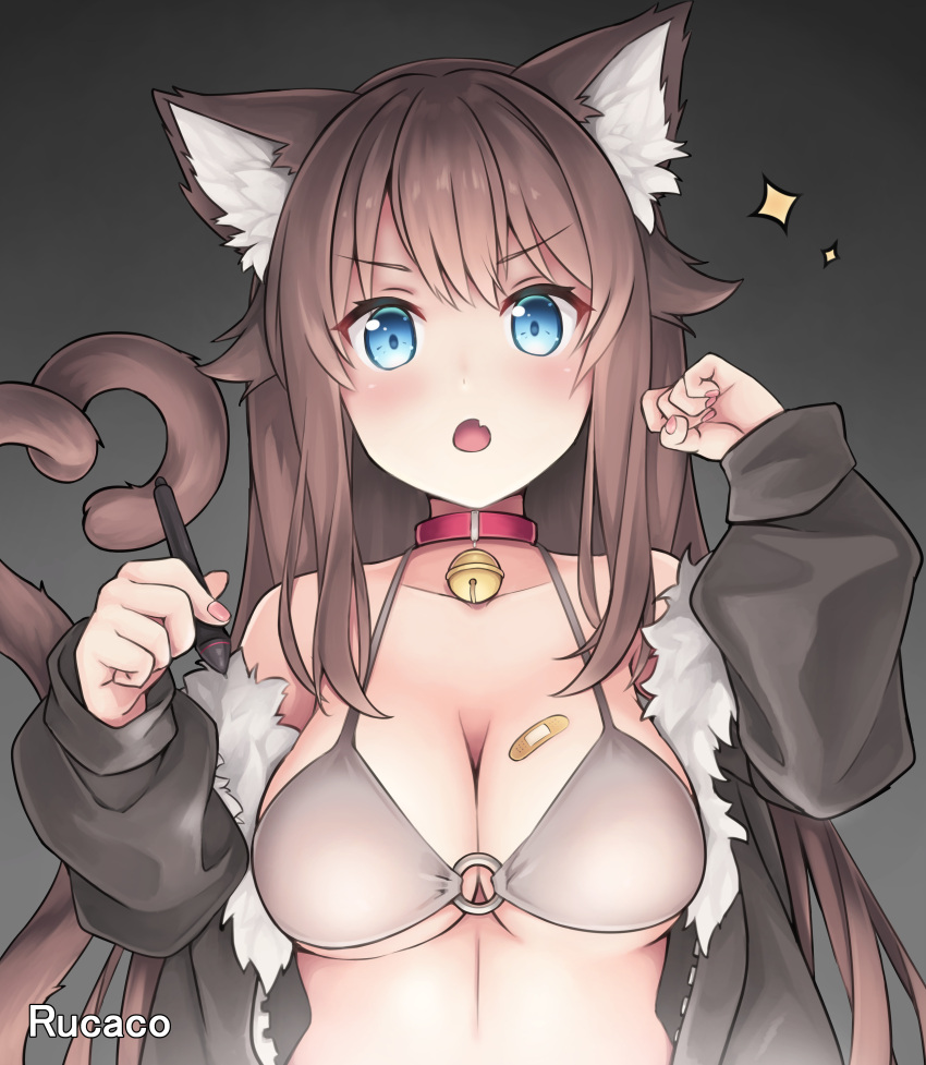 1girl :o absurdres animal_ears bandaid bandaid_on_breast bell black_background black_coat blue_eyes breasts brown_hair cat_ears cat_tail character_name coat glaring hair_flaps highres long_hair looking_at_viewer medium_breasts neck_bell o-ring o-ring_top open_mouth original red_neckwear solo stylus tail tousaki_(tousakiworks) under_boob upper_body