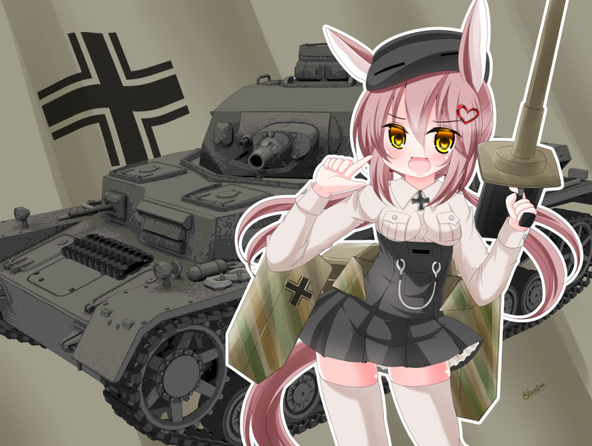 1girl :d animal_ears black_headwear black_skirt breasts brown_hair cannon collared_shirt commentary_request ground_vehicle hair_ornament hat heart heart_hair_ornament holding iron_cross kanijiru long_hair long_sleeves looking_at_viewer low_twintails medium_breasts military military_vehicle motor_vehicle open_mouth orange_eyes original panzerkampfwagen_iv personification pleated_skirt shirt skirt smile solo tail tank thigh-highs twintails twitter_username very_long_hair white_legwear white_shirt yellow_eyes
