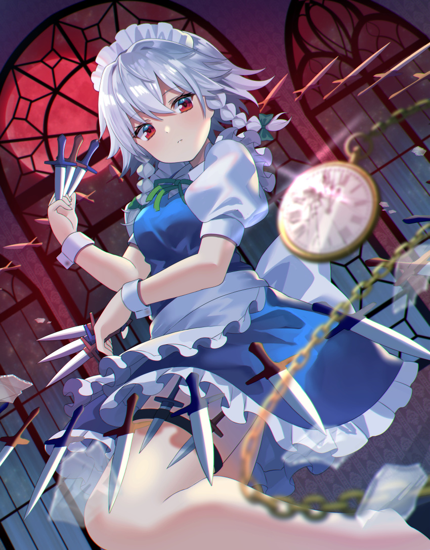 1girl absurdres apron between_fingers black_background blush boots breasts chain collared_shirt danmaku dress eyebrows_visible_through_hair frilled_dress frills gloves gold_chain green_ribbon hair_between_eyes hair_ribbon highres holding holding_knife holster izayoi_sakuya knife knife_holster knives_between_fingers looking_at_viewer looking_down looking_to_the_side maid maid_apron maid_headdress medium_breasts moon pocket_watch puffy_short_sleeves puffy_sleeves red_eyes red_moon ribbon roman_numeral shards shirt short_hair short_sleeves silver_hair simple_background solo thigh_holster touhou tress_ribbon twintails watch window wrist_cuffs yuujin_(yuzinn333)