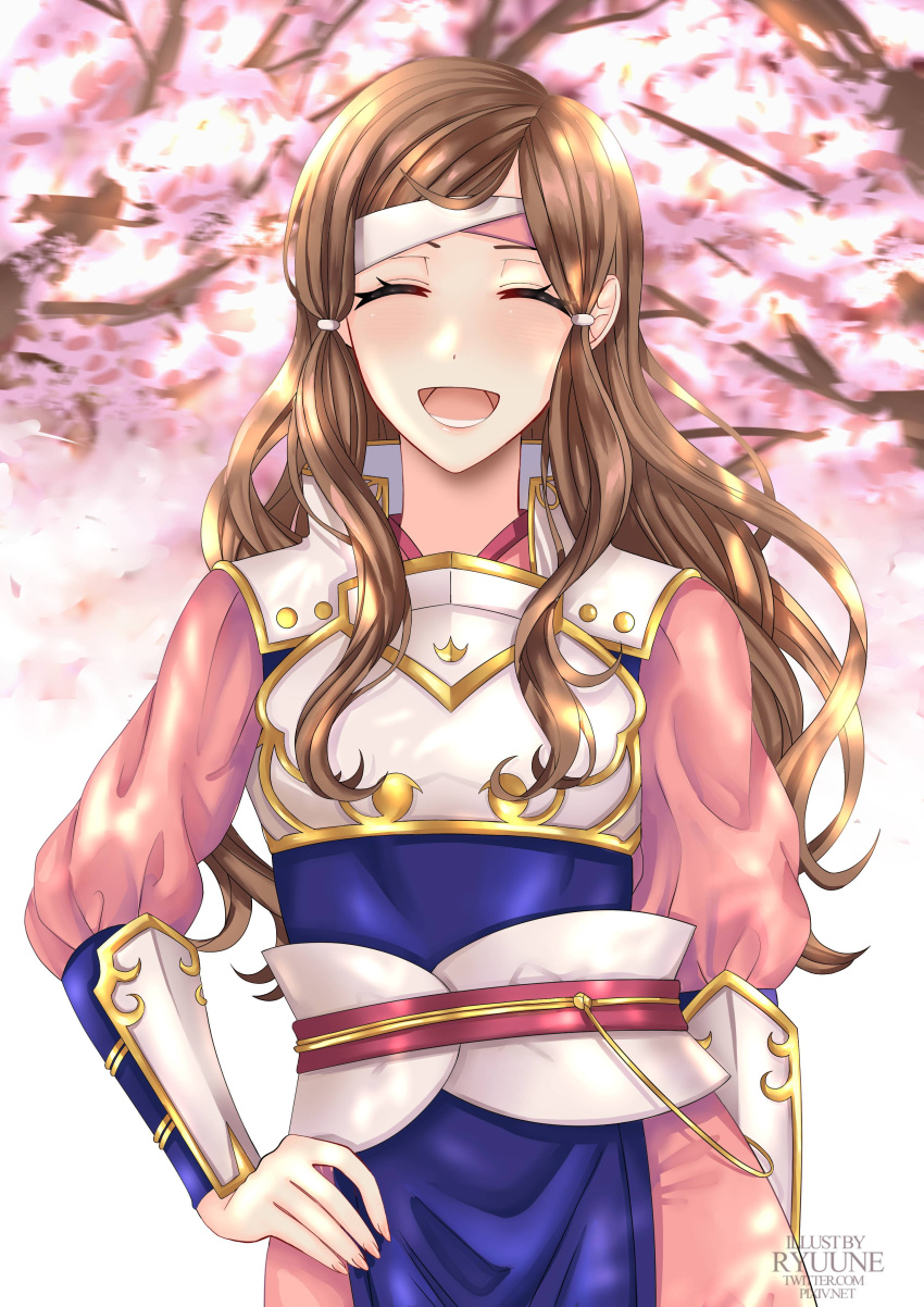1girl :d ^_^ absurdres artist_name brown_hair cherry_tree closed_eyes facing_viewer fire_emblem fire_emblem_fates hana_(fire_emblem) hand_on_hip headband highres long_hair long_sleeves open_mouth ryuuneart shiny shiny_hair smile solo spring_(season) standing very_long_hair