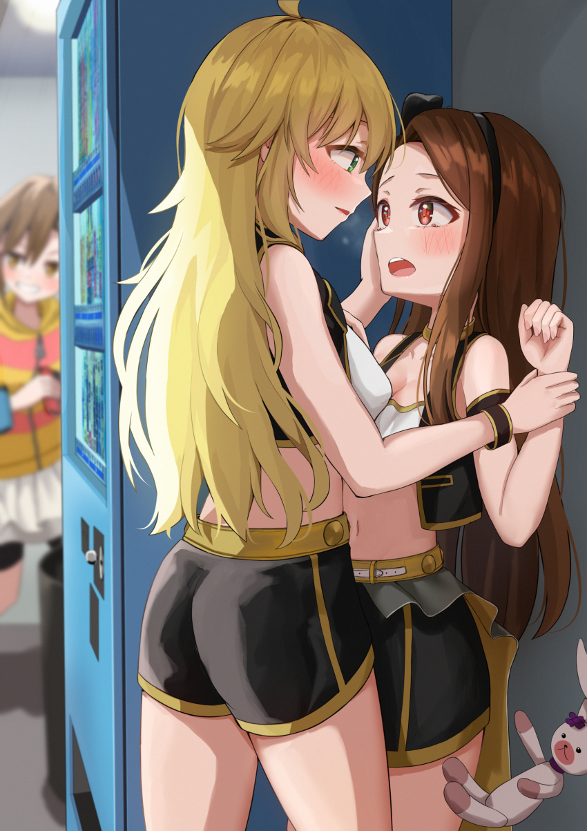 1girl 3girls absurdres ahoge ass bike_shorts black_hairband blue_eyes blush boo_iro breasts brown_eyes brown_hair character_request cropped_jacket eye_contact frown groin hairband hand_on_another's_face highres hood hoodie hoshii_miki idolmaster idolmaster_million_live! long_hair looking_at_another medium_breasts midriff minase_iori multiple_girls navel open_mouth pullover skirt small_breasts striped striped_hoodie stuffed_animal stuffed_toy thighs v-shaped_eyebrows vending_machine white_skirt wrist_grab yuri