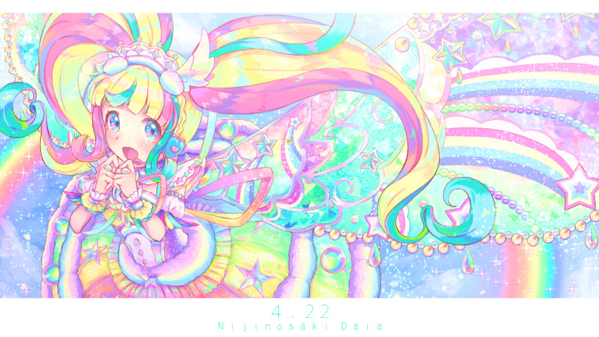 1girl :o back_bow bangs blonde_hair blue_eyes blunt_bangs blush bow braid bubble character_name colorful crown_braid curly_hair daia_(pri_chan) diffraction_spikes dress floating hairband heart highres idol jewelry letterboxed long_hair looking_at_viewer multicolored_hair own_hands_together pretty_(series) pripara puffy_sleeves rainbow rainbow_hair ribbon ring sidelocks sky solo sparkle star_(symbol) tareme twintails upper_body very_long_hair water_drop wings wrist_cuffs zeroarchive00