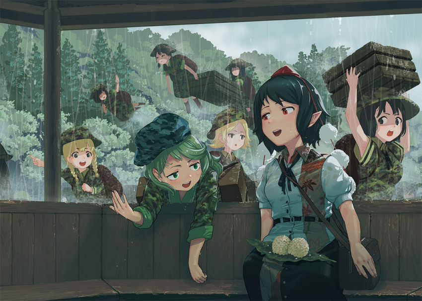 6+girls army bag bangs black_hair black_skirt blonde_hair breasts camouflage camouflage_headwear camouflage_jacket crate forest green_eyes green_hair green_headwear hand_up hat jacket kappa_mob leaf_print long_sleeves looking_at_another looking_to_the_side medium_breasts misohagi multiple_girls nature open_mouth pointing pointy_ears pom_pom_(clothes) puffy_short_sleeves puffy_sleeves rain red_eyes shameimaru_aya short_sleeves sitting skirt talking tokin_hat touhou tree twintails water_drop yamashiro_takane