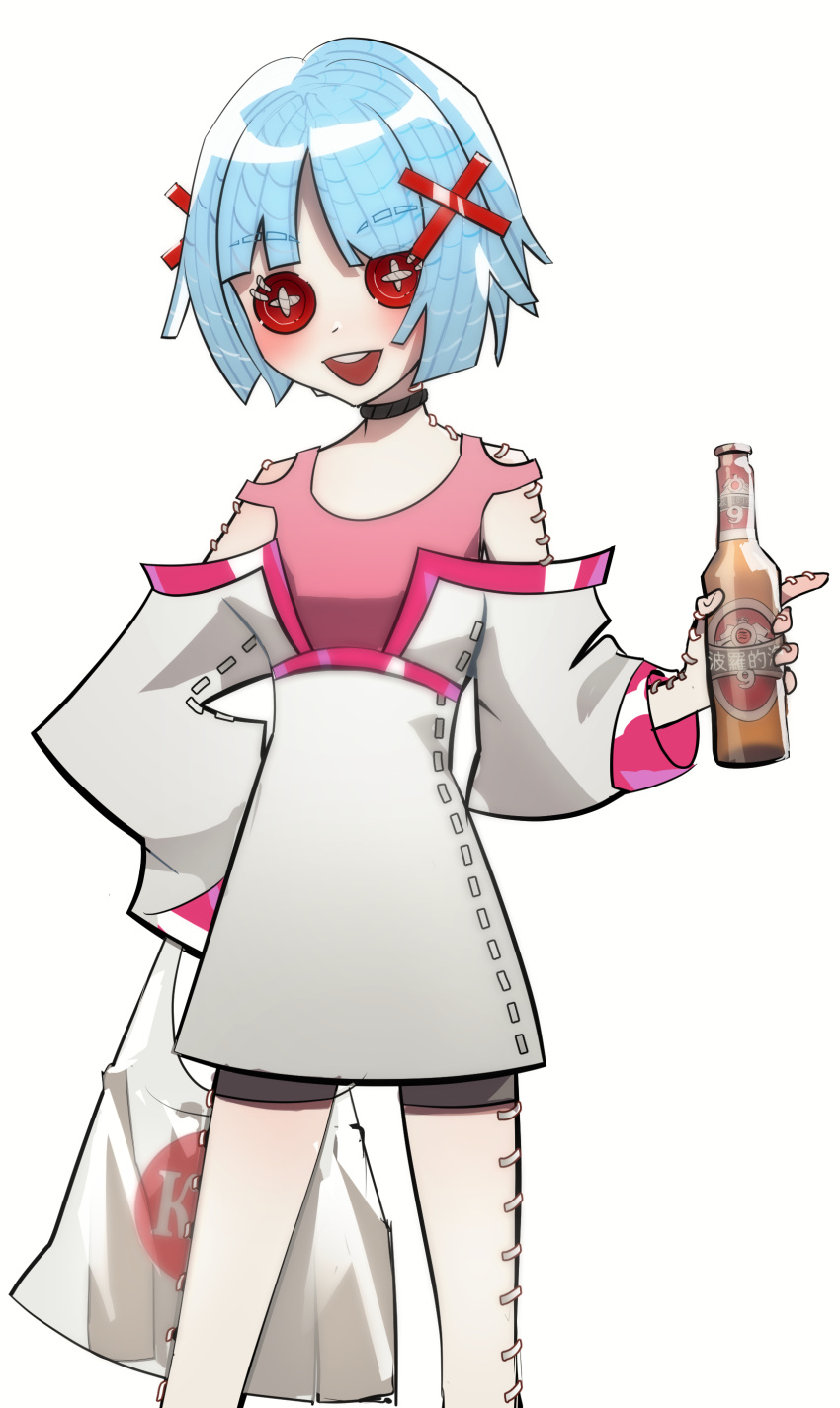 1girl :d absurdres bag bangs beer_bottle black_choker blue_hair blush bottle buttons choker eyebrows_visible_through_hair grey_background highres holding holding_bag identity_v kyandii long_sleeves off_shoulder open_mouth piercing pink_shirt shiny shiny_hair shirt simple_background smile solo upper_teeth