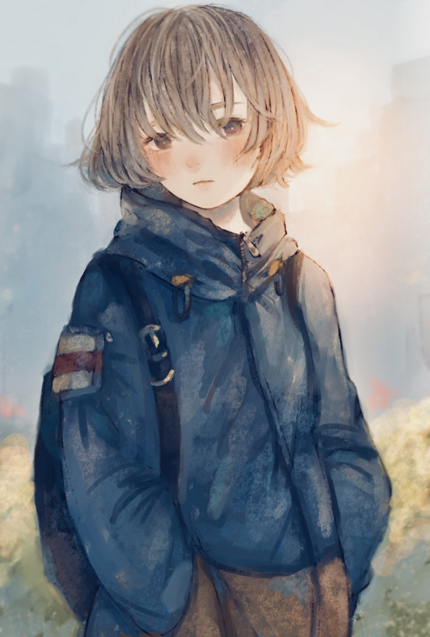 1girl backpack bag blurry blurry_background blush bob_cut brown_eyes brown_hair expressionless hands_in_pockets highres jacket looking_at_viewer orie_h original outdoors short_hair solo upper_body