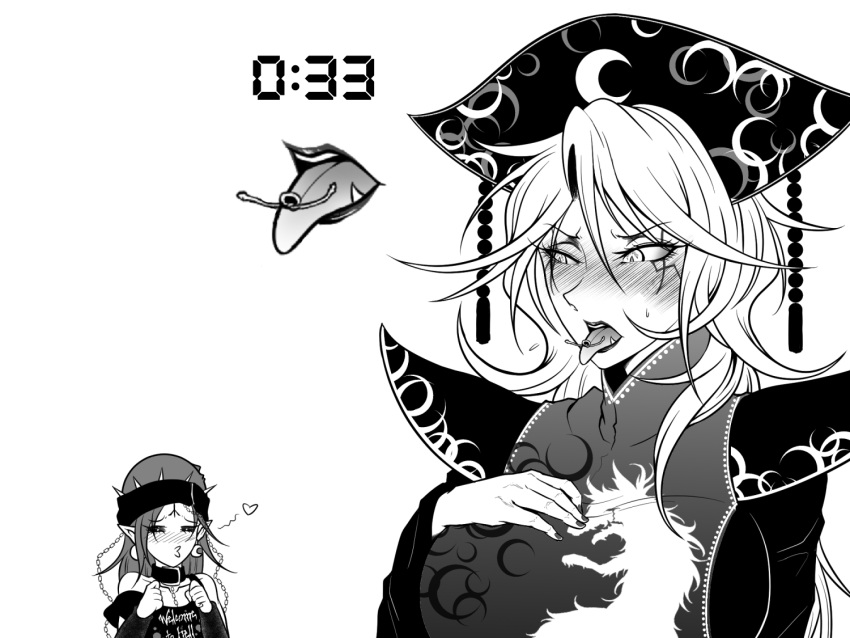 2girls =_= blush breasts clothes_writing collarbone crescent crescent_earrings earrings eyebrows_visible_through_hair fangs fox_print greyscale hair_between_eyes hand_on_own_chest hecatia_lapislazuli jewelry junko_(touhou) knot large_breasts legacy_of_lunatic_kingdom long_hair monochrome multiple_girls off-shoulder_shirt off_shoulder phoenix_crown pointy_ears polos_crown pouty_lips ryuuichi_(f_dragon) shirt shoulder_pads simple_background spikes symbol-only_commentary tassel timestamp tongue tongue_out touhou white_background yuri