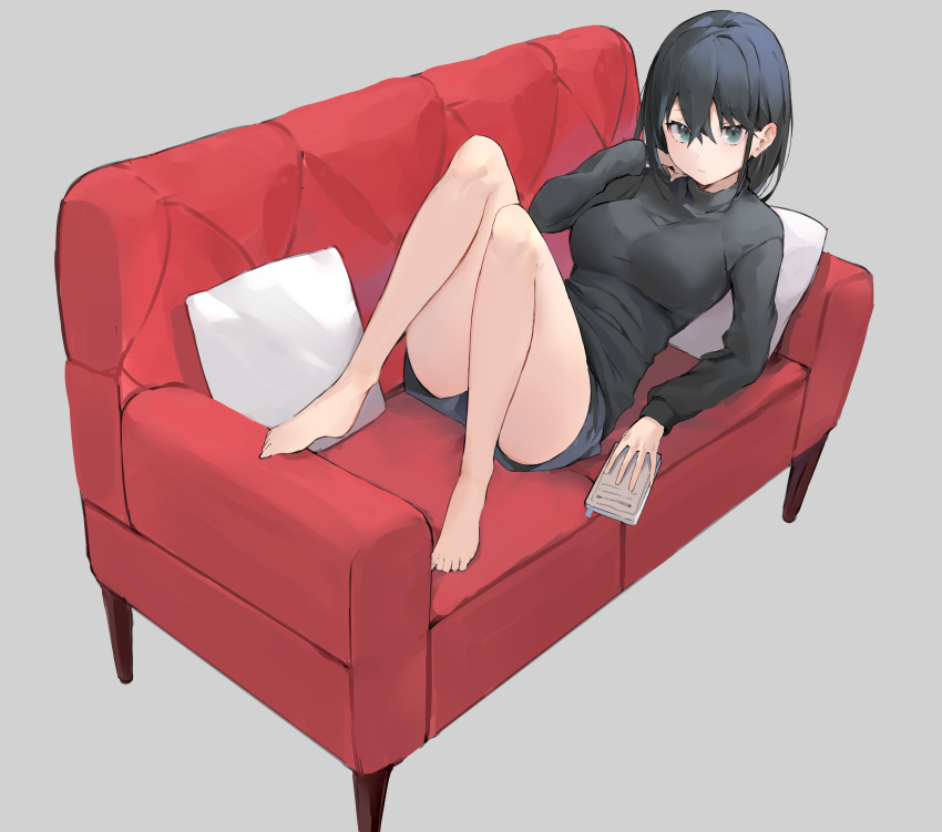 1girl absurdres barefoot black_hair blue_eyes book breasts grey_eyes hair_between_eyes highres holding holding_book looking_at_viewer medium_breasts original ryou_(ponpgo) short_hair shorts solo