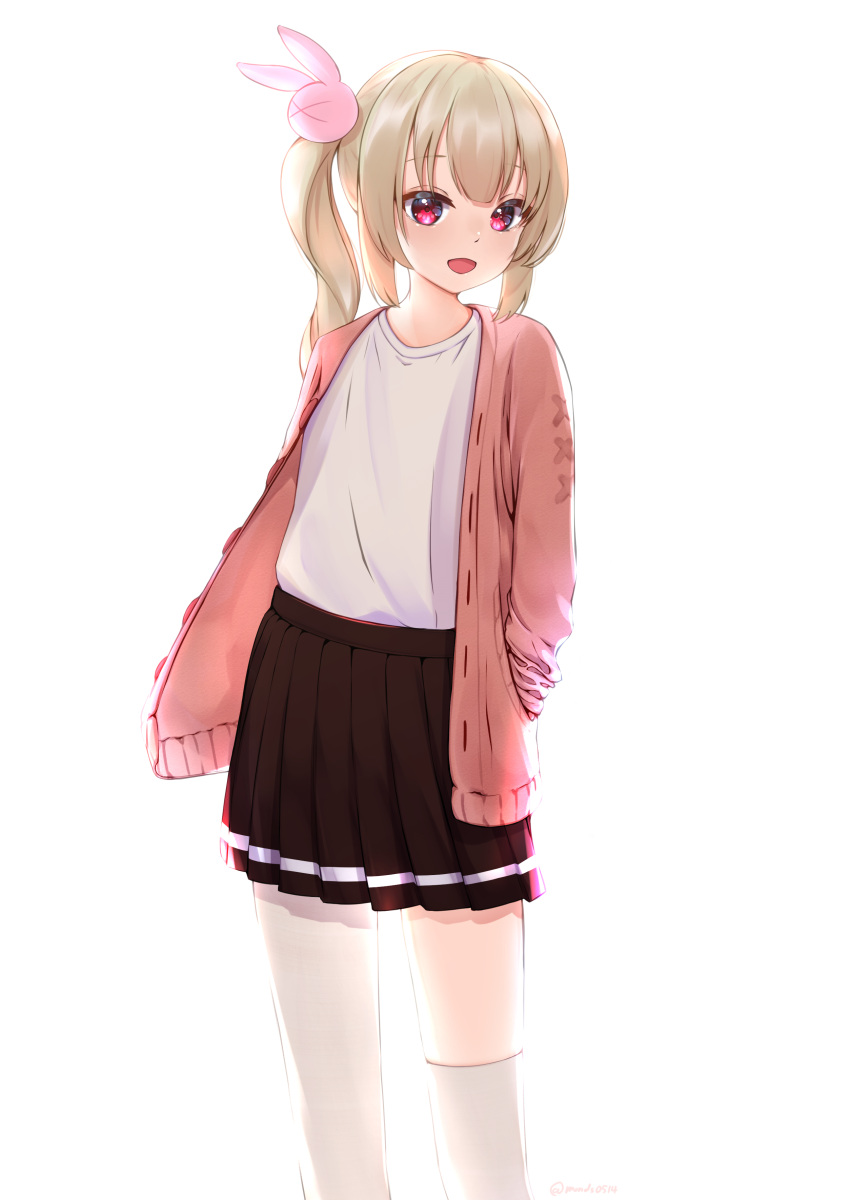 1girl absurdres bangs blonde_hair blush copyright_request furuka_graffiti highres long_sleeves looking_at_viewer open_mouth pink_eyes pleated_skirt side_ponytail simple_background skirt smile solo tagme