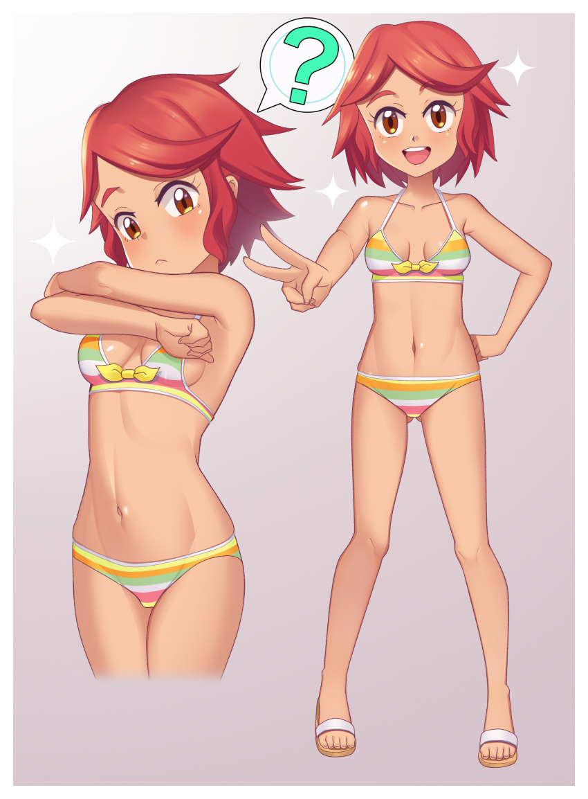 1girl :d ? absurdres ass_visible_through_thighs bangs bikini blush border breasts brown_eyes camilla_(pokemon) child closed_mouth collarbone commentary english_commentary eyebrows_visible_through_hair eyelashes gazing_eye grey_background hand_on_hip highres knees multiple_views navel open_mouth pokemon pokemon_(game) pokemon_masters_ex redhead sandals smile sparkle spoken_question_mark standing striped striped_bikini swept_bangs swimsuit toes tongue upper_teeth v white_border