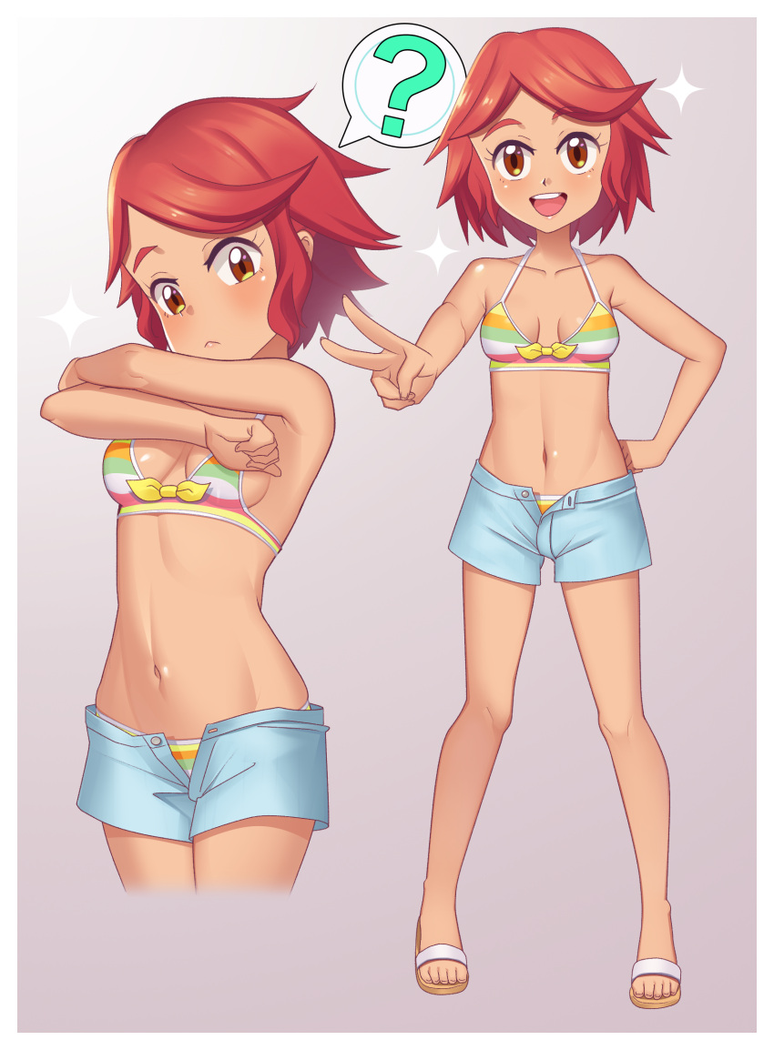 1girl :d ? absurdres bangs bikini blush border breasts brown_eyes camilla_(pokemon) child closed_mouth collarbone commentary english_commentary eyebrows_visible_through_hair eyelashes gazing_eye grey_background grey_shorts hand_on_hip highres knees multiple_views navel open_mouth pokemon pokemon_(game) pokemon_masters_ex redhead sandals shorts smile sparkle spoken_question_mark standing striped striped_bikini swept_bangs swimsuit toes tongue unbuttoned_shorts upper_teeth v white_border