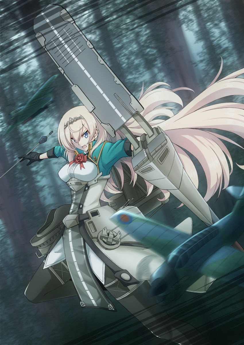 1girl aircraft airplane arrow_(projectile) black_gloves black_legwear blonde_hair blue_eyes blush bow_(weapon) flower gloves hair_between_eyes hairband highres holding holding_bow_(weapon) holding_weapon kantai_collection long_hair long_sleeves machinery open_mouth pantyhose quiver red_flower red_ribbon red_rose ribbon rigging rose solo suke_(share_koube) tiara victorious_(kancolle) weapon