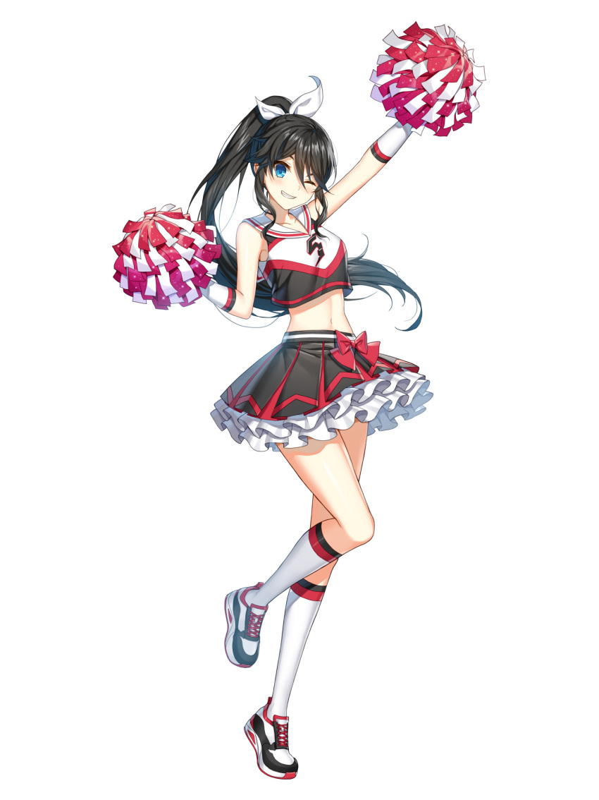 1girl arm_up artist_request bare_shoulders black_hair black_shirt black_skirt blue_eyes breasts cheerleader closers collarbone crop_top crop_top_overhang floating_hair frilled_skirt frills grin hair_ribbon hand_up highres holding kneehighs leg_up long_hair looking_at_viewer medium_breasts midriff miniskirt navel official_art one_eye_closed pleated_skirt pom_pom_(cheerleading) ponytail ribbon sailor_collar shirt shoes sidelocks skirt sleeveless sleeveless_shirt smile sneakers solo stomach thighs white_legwear yuri_seo