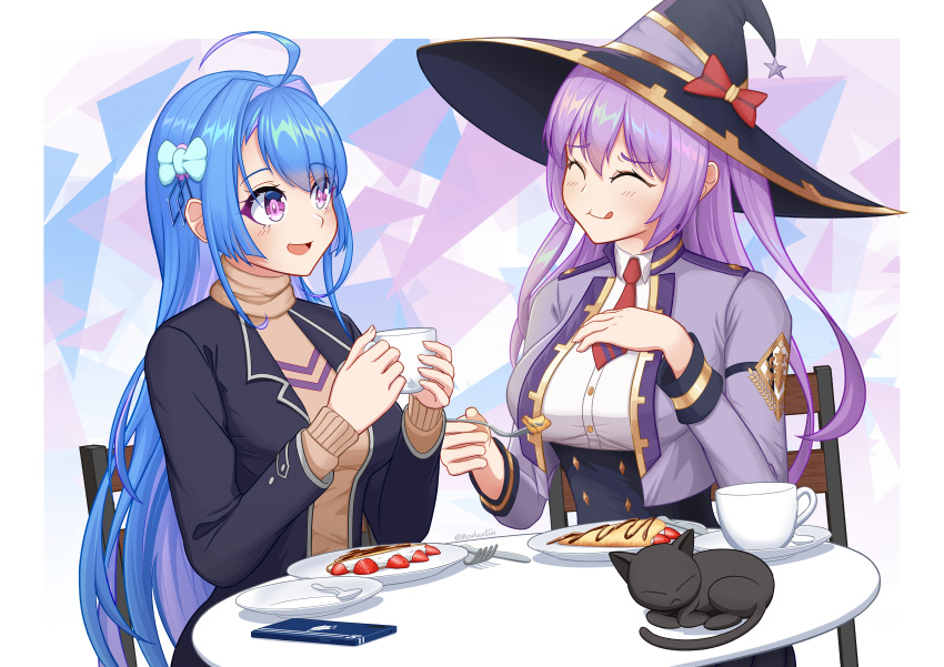 2girls :q absurdres ahoge azur_lane black_cat black_jacket blue_hair breasts brown_sweater casual cat chair closed_eyes cropped_jacket cup food hat helena_(azur_lane) highres holding holding_cup huge_filesize jacket king's_raid large_breasts light_purple_hair long_hair medium_breasts mouhantain multiple_girls necktie ophelia_(king's_raid) purple_hair red_neckwear round_table shirt short_necktie sitting sweater tongue tongue_out underbust white_shirt witch_hat