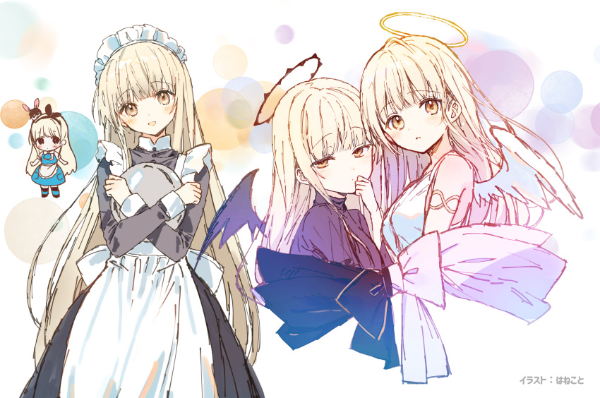 2girls :d absurdres alice_(alice_in_wonderland) alice_(alice_in_wonderland)_(cosplay) alice_in_wonderland angel_and_devil angel_wings animal_ears apron artist_name black_ribbon black_vs_white black_wings blonde_hair blue_dress blush cosplay crossed_arms dark_halo demon_wings dress frilled_apron frills hairband halo hanekoto highres long_hair maid maid_apron maid_headdress multiple_girls multiple_views open_mouth otonari_no_tenshi-sama_ni_itsu_no_mani_ka_dame_ningen_ni_sarete_ita_ken rabbit_ears ribbon second-party_source shiina_mahiru sketch smile solo split_theme striped striped_legwear very_long_hair waist_apron white_ribbon white_wings wings wrinkled_fabric yellow_eyes