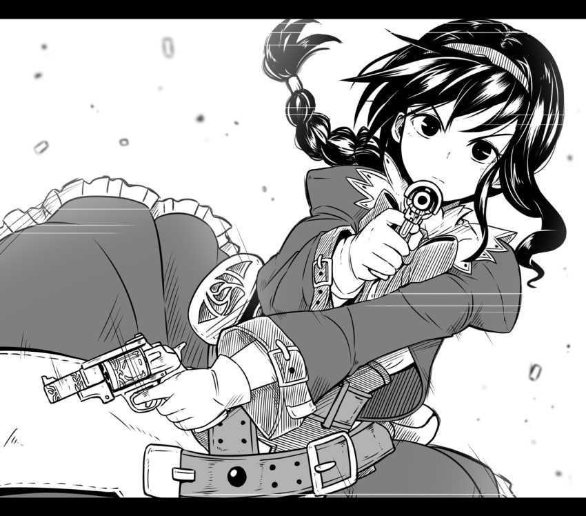 1girl belt braid closed_mouth coat dress gloves greyscale gun hairband kitayama_miuki long_hair looking_at_viewer monochrome simple_background solo virginia_maxwell weapon white_background wild_arms wild_arms_3
