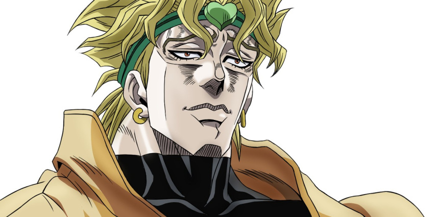 1boy black_shirt blonde_hair closed_mouth dio_brando earrings grandguerrilla headband heart jacket jewelry jojo_no_kimyou_na_bouken male_focus portrait red_eyes sanpaku shirt simple_background solo stardust_crusaders turtleneck white_background yellow_jacket