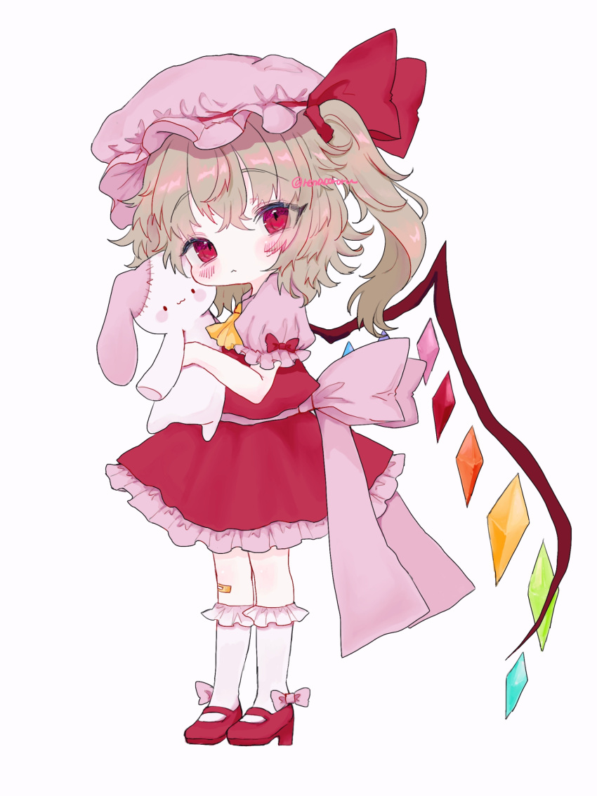 1girl :&lt; :3 absurdres artist_name ascot back_bow bandaid bandaid_on_knee bangs blonde_hair blush blush_stickers bobby_socks bow closed_mouth commentary_request crystal expressionless eyebrows_visible_through_hair flandre_scarlet full_body hair_bow hat high_heels highres holding holding_stuffed_toy looking_at_viewer medium_hair mob_cap one_side_up petticoat pink_bow pink_headwear red_bow red_eyes red_footwear renakobonb simple_background socks solo standing stuffed_toy touhou white_background white_legwear wings yellow_neckwear