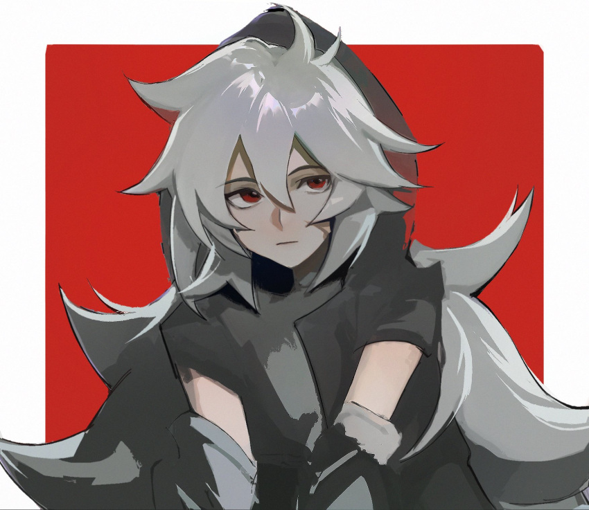 1boy bangs big_hair border closed_mouth commentary copyright_request grey_hair hair_between_eyes highres hood hood_up kyandii long_hair looking_at_viewer male_focus red_background red_eyes shiny shiny_hair short_sleeves solo upper_body white_border