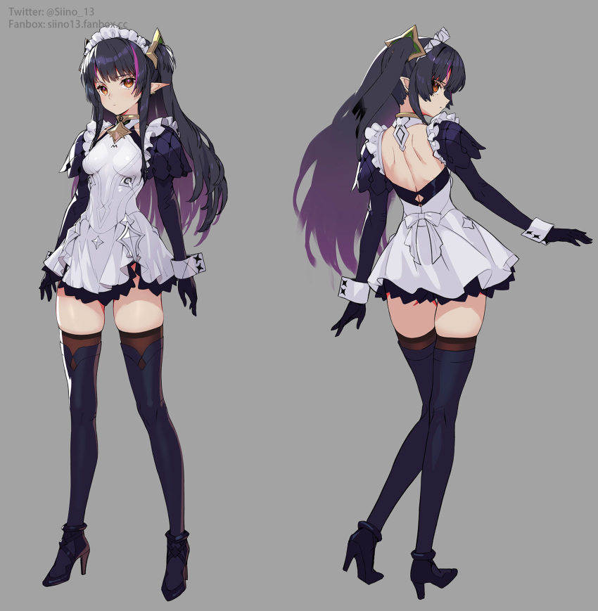 1girl back black_hair breasts brown_eyes commentary_request dress earrings elbow_gloves expressionless fanbox_username from_behind gloves hair_ornament high_heels highres jewelry long_hair looking_back maid maid_headdress medium_breasts multicolored_hair multiple_views original pointy_ears profile purple_gloves siino simple_background skin_tight skindentation sleeveless sleeveless_dress streaked_hair thigh-highs twitter_username two_side_up white_dress wrist_cuffs