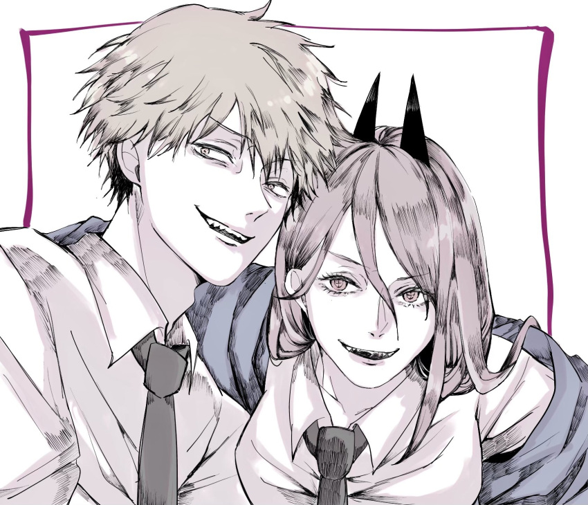 +_+ 1boy 1girl black_neckwear blonde_hair breasts business_suit chainsaw_man demon_boy demon_girl demon_horns denji_(chainsaw_man) formal highres horns long_hair necktie okarie open_mouth power_(chainsaw_man) red_horns sharp_teeth shirt short_hair simple_background smile suit teeth white_shirt