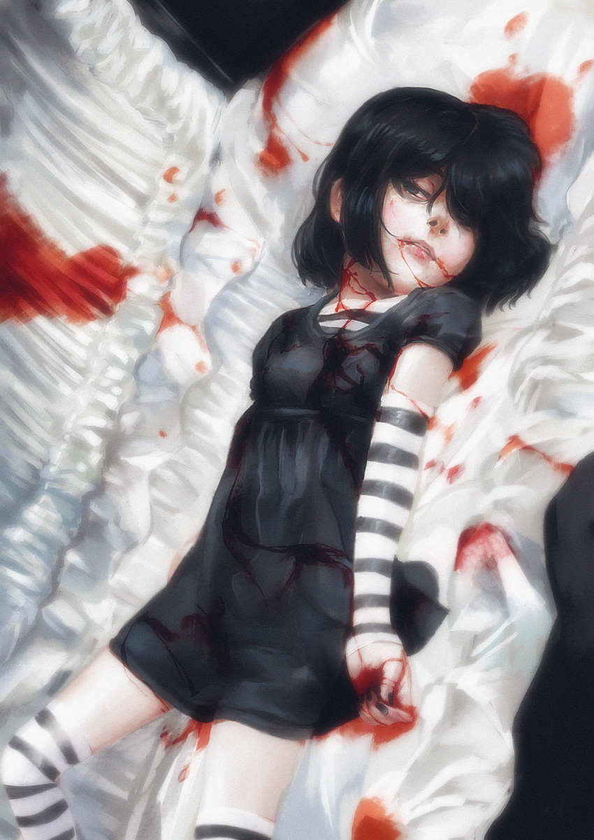 1girl bangs black_dress black_hair blood blood_from_mouth blood_on_clothes blood_on_face blood_on_hands coffin dress hair_over_eyes hair_over_one_eye highres jcm2 lucy_loud lying on_back short_hair solo striped striped_legwear the_loud_house thigh-highs zettai_ryouiki