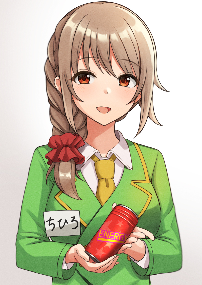 1girl absurdres bangs blush braid brown_eyes brown_hair can collared_shirt commentary_request energy_drink eyebrows_visible_through_hair gradient gradient_background green_jacket grey_background hair_ornament hair_over_shoulder hair_scrunchie highres holding holding_can idolmaster idolmaster_cinderella_girls idolmaster_cinderella_girls_starlight_stage jacket mitsumine_raimu name_tag necktie red_scrunchie scrunchie senkawa_chihiro shirt single_braid solo star_(symbol) upper_body white_background white_shirt yellow_neckwear