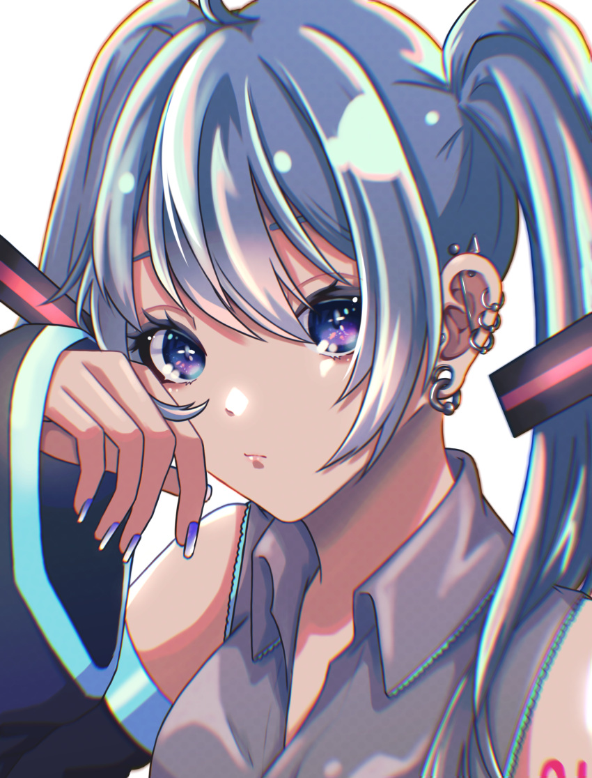 1girl absurdres bangs black_sleeves blue_eyes blue_hair blue_nails closed_mouth collared_shirt detached_sleeves dress_shirt earrings francium76 grey_shirt hair_between_eyes hatsune_miku highres jewelry long_hair long_sleeves nail_polish shiny shiny_hair shirt simple_background sleeveless sleeveless_shirt solo twintails vocaloid white_background wing_collar