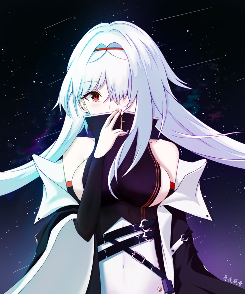 1girl azur_lane bare_shoulders breasts coat colorado_(azur_lane) detached_sleeves hair_over_one_eye high_collar highres large_breasts long_hair looking_at_viewer open_clothes open_coat red_eyes sideboob sky solo star_(sky) starry_sky upper_body white_hair wide_sleeves yoruyuki2000