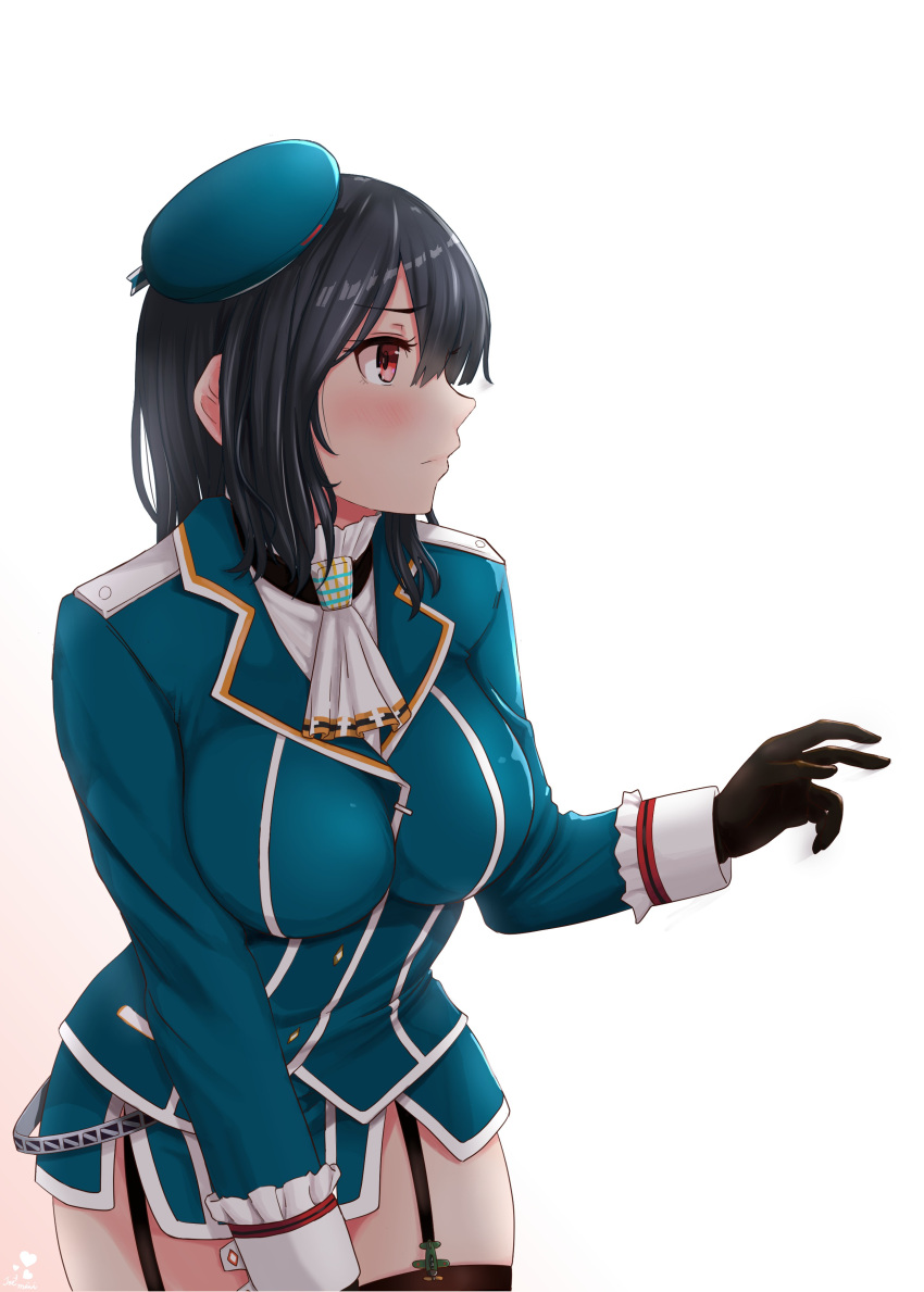 1girl absurdres ascot beret black_gloves black_hair black_legwear blue_headwear blush breasts buttons closed_mouth cowboy_shot garter_straps gloves gradient gradient_background hat heart highres jousanrou kantai_collection large_breasts long_sleeves military military_uniform red_eyes short_hair signature solo takao_(kancolle) thigh-highs uniform white_neckwear